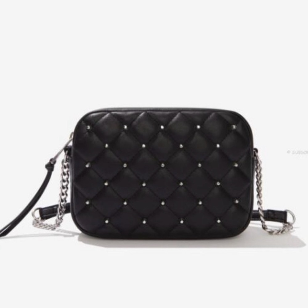Rebecca Minkoff black diamond quilt studded top zip crossbody bag New
